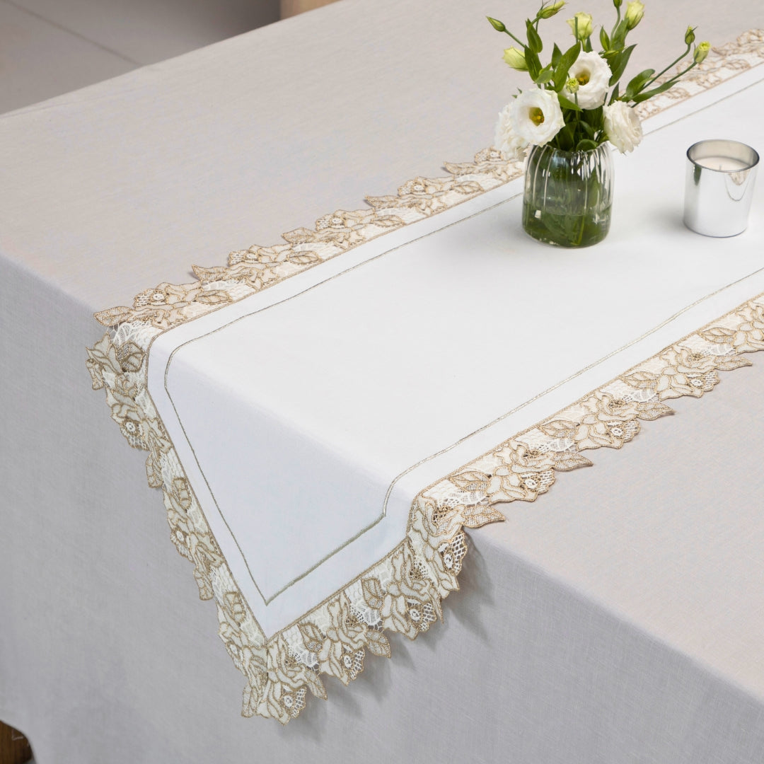 Floral White Gold  Table Runner